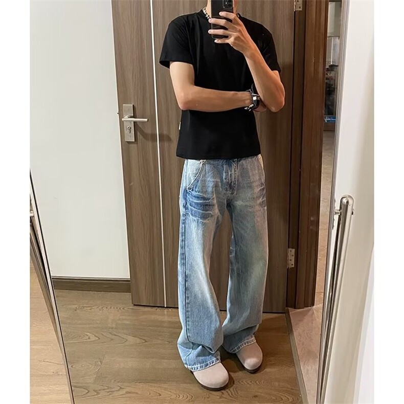 美式复古水洗设计感褶皱牛仔裤男宽松直筒阔腿垂感高街痞帅长裤子,男装牛仔裤,星座506A