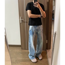 美式复古水洗设计感褶皱牛仔裤男宽松直筒阔腿垂感高街痞帅长裤子，男装牛仔裤，星座506A