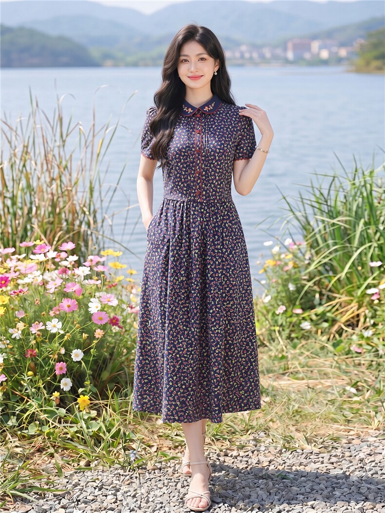 田园风碎花刺绣连衣裙女春夏收腰显瘦中长裙,女装连衣裙,水衣源
