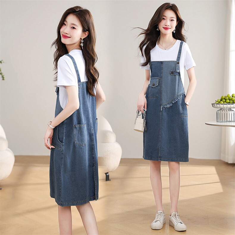 2024新款夏季时尚潮流牛仔拼接显瘦减龄假两件连衣裙，女装连衣裙，江南富贵女