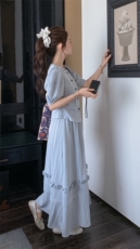 短袖拼接百搭风女装法式裙子收腰休闲风时尚套装夏装甜美套装显瘦，女装套装/套裙，2C212