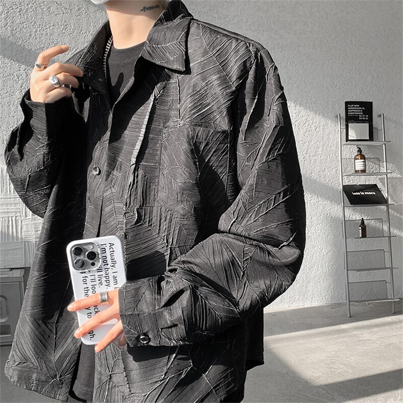 8XL-M小众解构肌理感裂纹垫肩花衬衫男高级感宽松衬衣男CS520P55,男装衬衫,电商D206-1