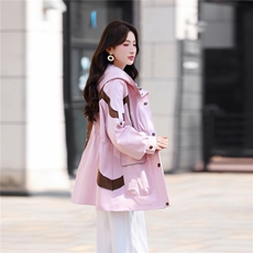 冲锋衣女款2026新款春秋中长款时尚拼色收腰显瘦防水连帽风衣外套，女装短外套，鑫源服饰