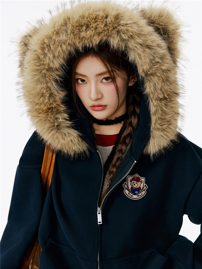 网图美式复古卡通熊耳朵毛领连帽卫衣男女休闲开衫拉链外套特P78,女装短外套,电商C306-1