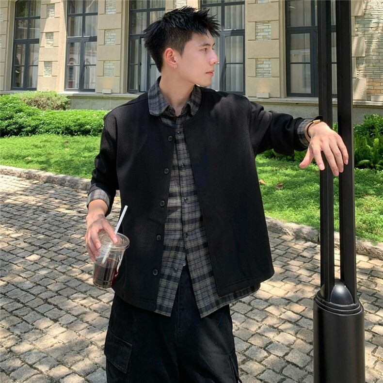 JY572-P68美式复古风假两件拼接衬衫领针织衫开衫外套,男装针织衫/毛衣,星座1501-3