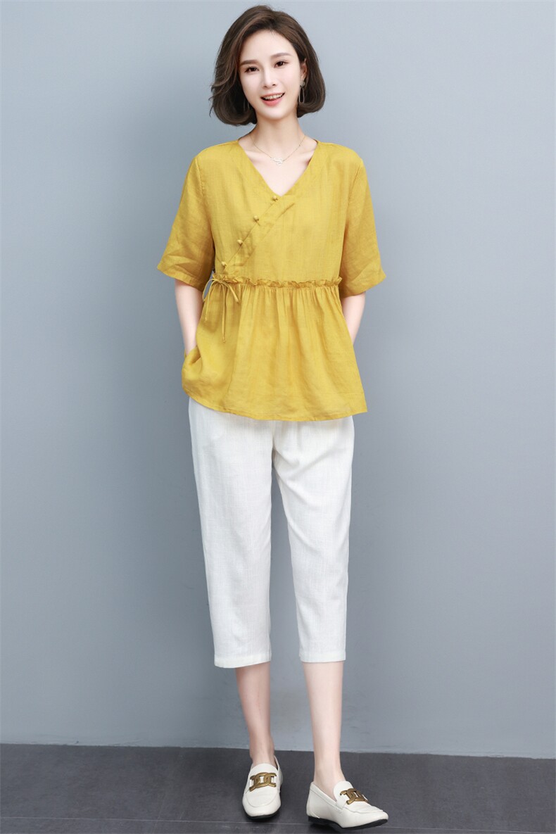 棉麻衬衫女2022夏季新款宽松短款遮肚子上衣妈妈短袖v领苎麻小衫,女装半身裙,涵誉