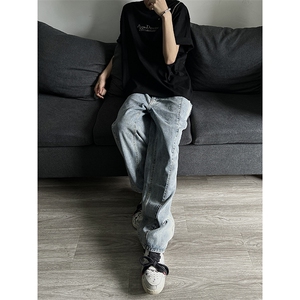 秋季美式ins高街hiphop重工艺水洗直筒牛仔裤货号K692P55图片