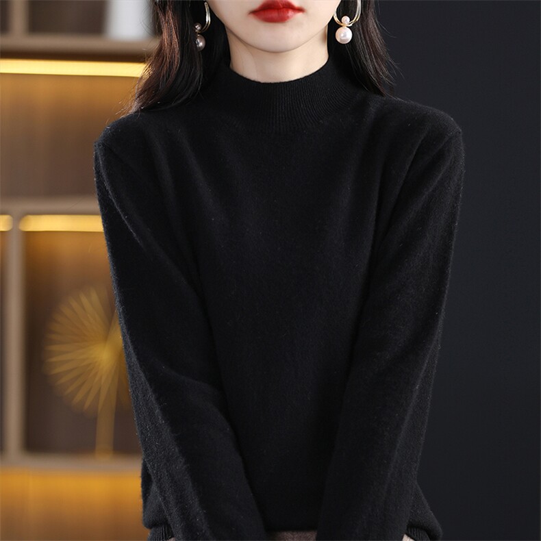 羊毛半高毛衫女2024春秋新款修身简约长袖打底针织衫,女装羊毛衫,桦兴羊绒