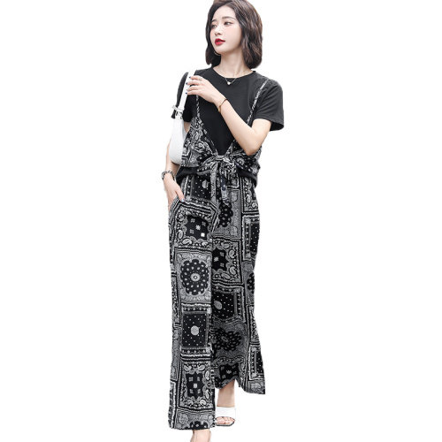 时尚套装黑色短袖T恤下摆开叉连体裤2022夏季女装新款三件套套裤,女装套装/套裙,霓裳依族