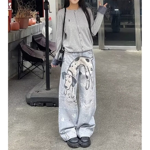 AK1689-P58潮牌3D碎钻打印做旧手绘斑点狗涂鸦牛仔裤图片