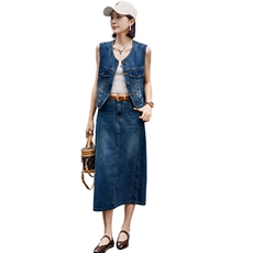 高品质欧货2024夏季新款做旧水洗牛仔马甲上衣后开叉半身裙套装女，女装套装/套裙，江南女神