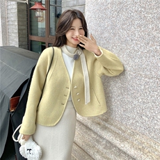 小香风2025秋冬新款V领飘带花朵双面羊绒大衣短款羊毛呢子外套潮，女装毛呢外套，慧尚依恋