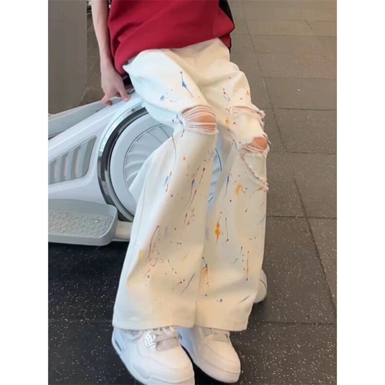 夏季新款个性泼墨直筒牛仔ins潮流裤子-NZ3117-网络图图片