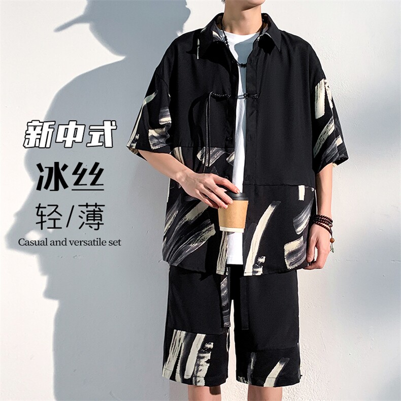 特批P61无差价夏季新中式风盘扣拼接冰丝短袖衬衫短裤男士TZ344图片