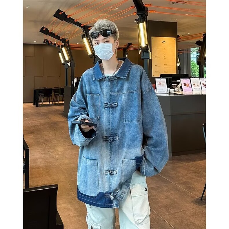 美式潮牌水洗做旧新中式盘扣牛仔夹克男女潮流宽松休闲外套,男装夹克,星座410-7