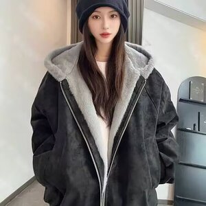 冬季复古做旧座山雕加厚连帽棉服男女宽松高级感皮拼兔绒毛外套图片