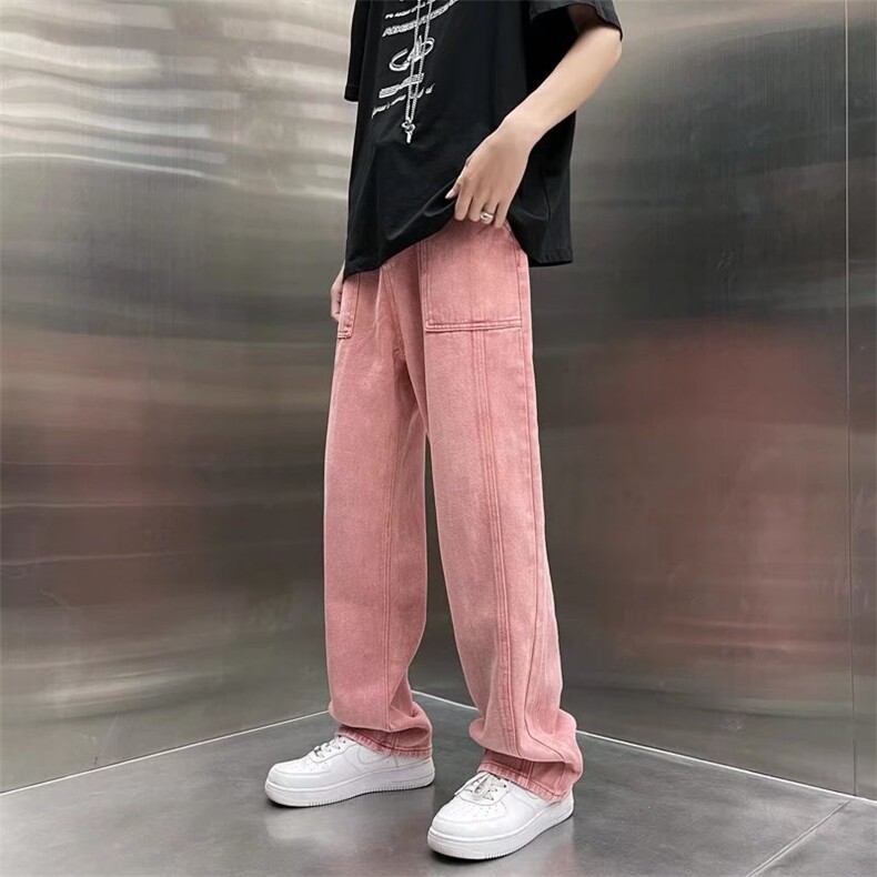 粉色牛仔直筒长裤男女新款hiphop潮牌港风高街宽松阔腿裤N145-p46,男装休闲裤,星座1008