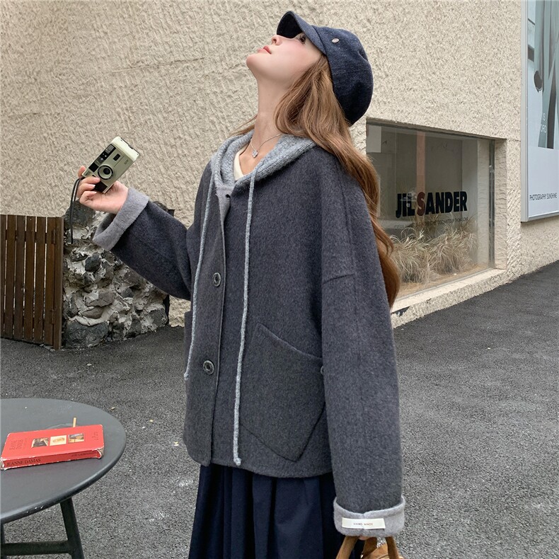 现货新款秋冬新款针织连帽拼接长袖羊绒外套女短款双面羊绒大衣潮,女装毛呢外套,韩然一族
