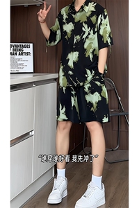 1短袖衬衫男+短裤潮流休闲套装男M-5XL大码TZ78710P50控98模特图图片
