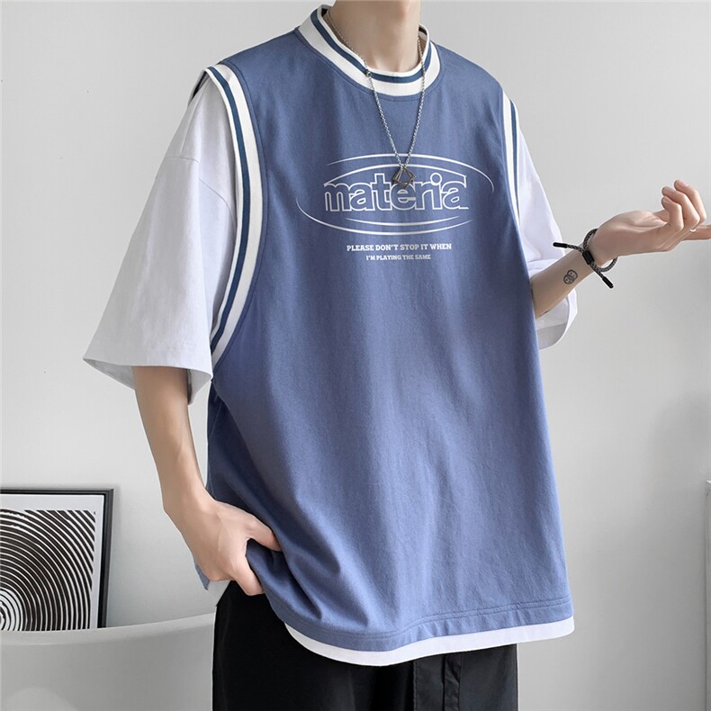 港风  假两件拼色纯棉夏季新款短袖T恤宽松新潮 T6602  P40控58图片