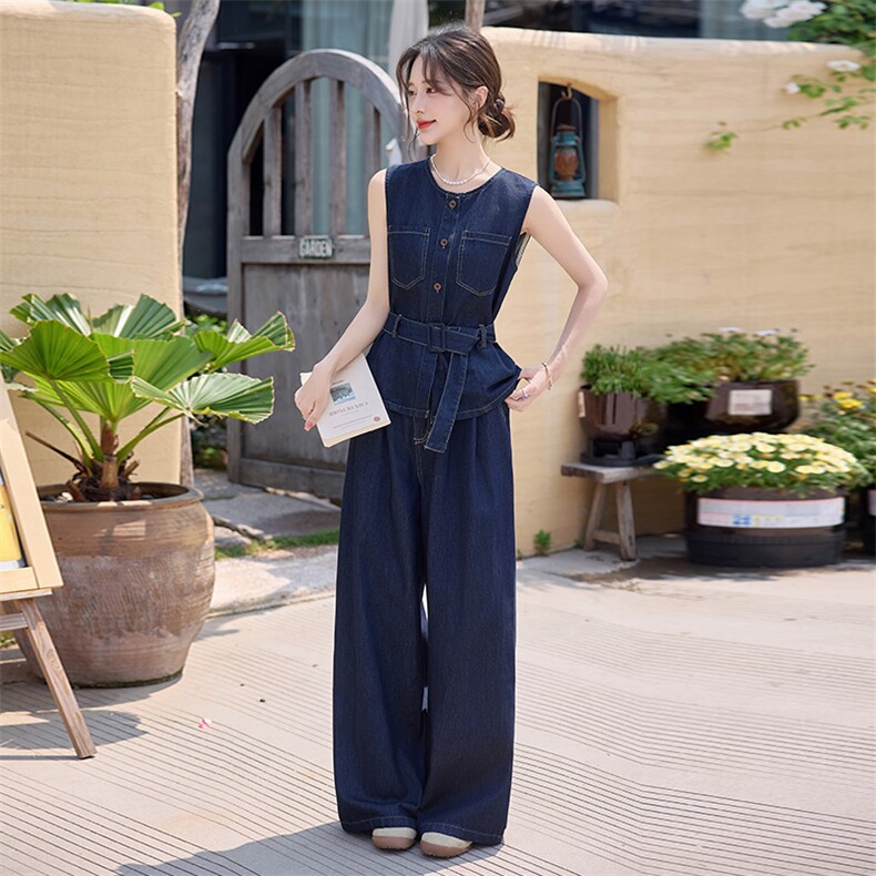 2025年夏季新款牛仔无袖上衣阔腿裤两件套,女装套装/套裙,慕依路