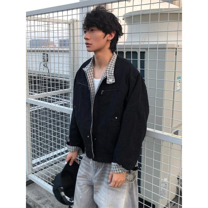 美式复古格纹工装夹克男女春秋百搭宽松立领工装外套潮流,男装夹克,四季星座505