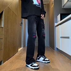 美式潮牌高街vibe复古水洗黑色破洞补丁牛仔裤男修身微喇叭长裤子，男装牛仔裤，四季星座218-1