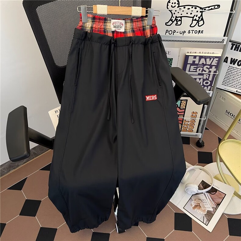港风秋款男休闲裤假两件格子拼接贴标宽松抽绳长裤HK126P45,男装休闲裤,星座1013-1
