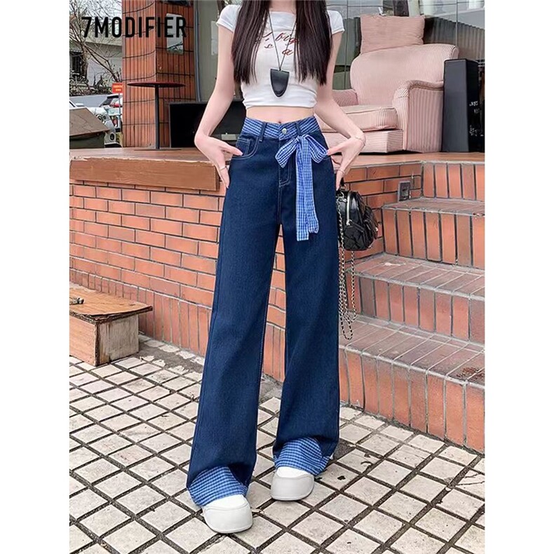 拉夏贝尔7M2025年夏季新款高腰直筒宽松阔腿蝴蝶结撞色牛仔裤子女,男装牛仔裤,星座506A