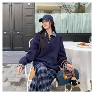 QC039-P65拼接翻领卫衣慵懒新款宽松秋季2024长袖上衣通勤新中式图片