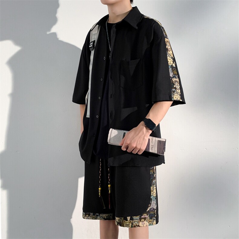 1小熊短袖衬衫男+短裤大码M-5XL套装92%聚酯纤维8%氨纶TZ77058P70，男装休闲套装，星座226-2