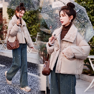 短款仿羊羔毛拼接羽绒服女2024冬季新款女装保暖外套潮！达标90绒！图片