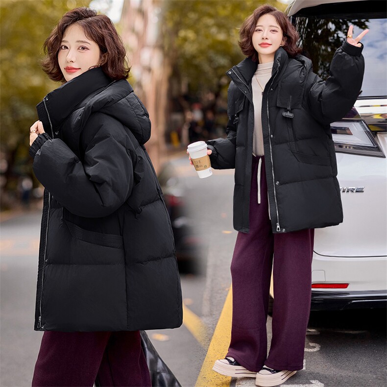 现货2024冬季新款简约廓形气质显瘦加厚中长款羽绒服,女装羽绒服,深水步
