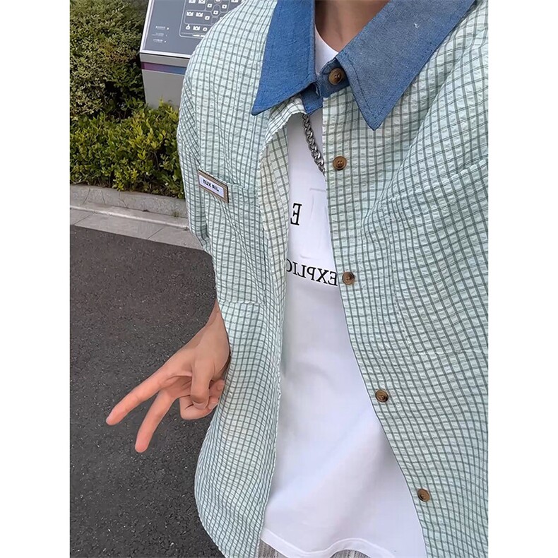 夏季港风Cityboy贴标牛仔领撞色格子短袖衬衫DC2217-P38【特价】,男装衬衫,电商A007