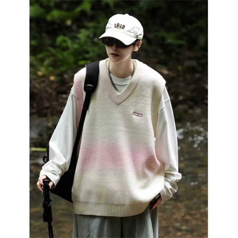 渐变鹿毛绒针织马甲男春秋季宽松百搭V领背心毛衣 M1322-P48图片