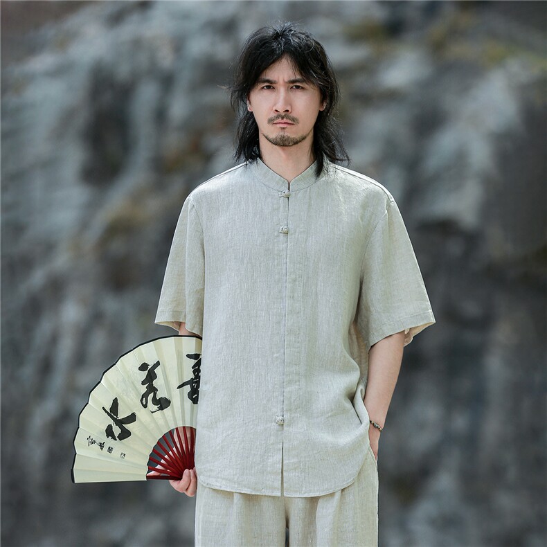纯亚麻夏季薄款宽松短袖上衣风复古唐装盘扣衬衫男CS04,男装T恤,星座704A（原B229A）
