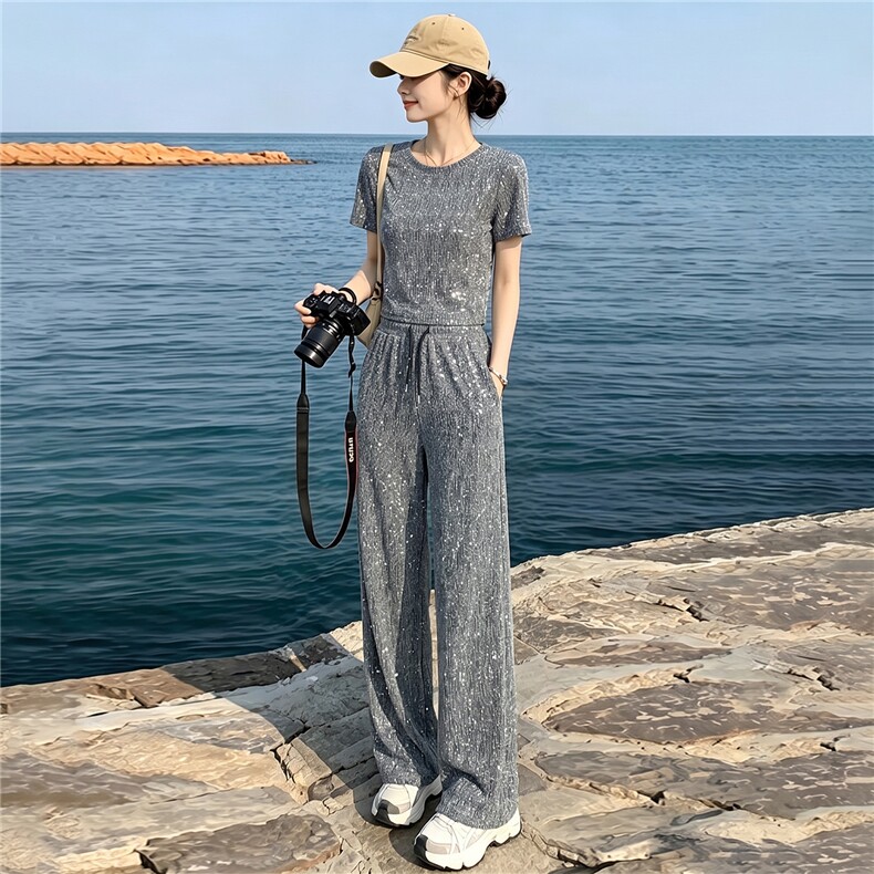 时髦洋气亮闪闪重工阔腿裤套装女夏季慵懒风修身显瘦短袖两件套潮,女装套装/套裙,江南