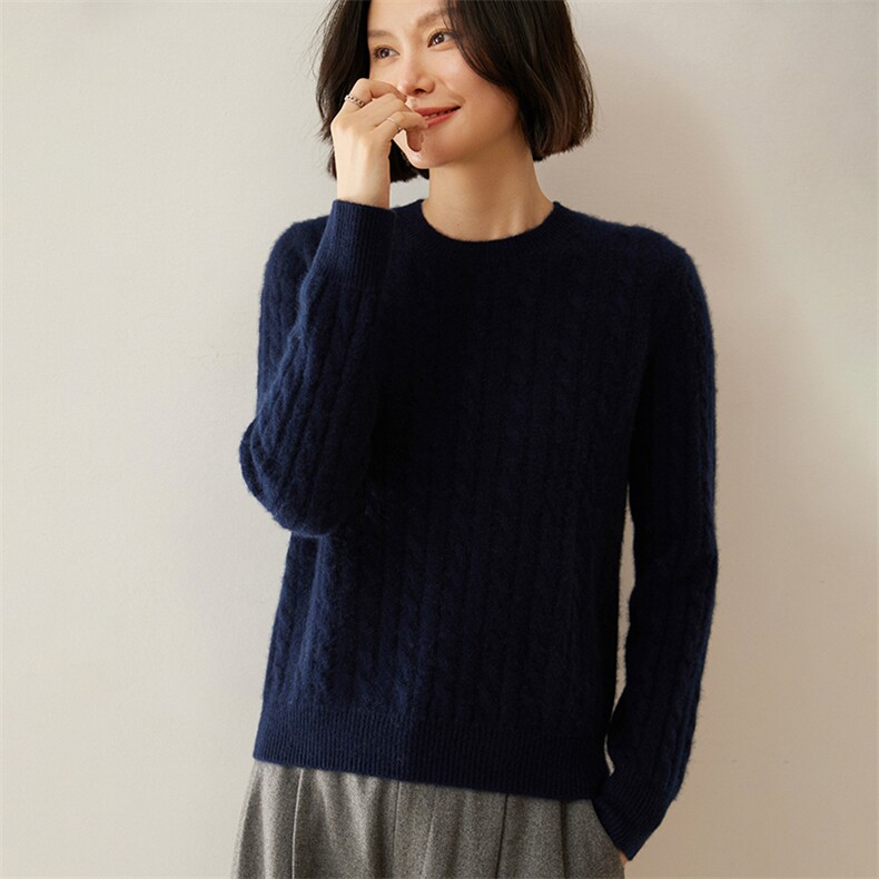 秋冬新款加厚麻花圆领羊绒衫女山羊绒绞花毛衣套头羊毛针织打底衫,女装羊绒衫,绒创羊绒