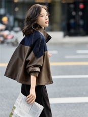 2025秋季女装新款大量现货牛仔拼接时尚休闲立领短款皮衣外套，女装皮衣，缘衣格