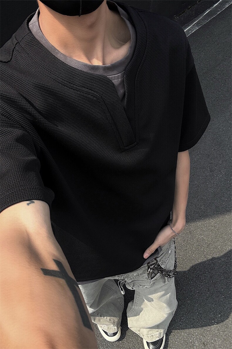 特批P25无差价夏季华夫格V领假两件短袖T恤男大码高街上衣T5087,男装T恤,电商A001-1
