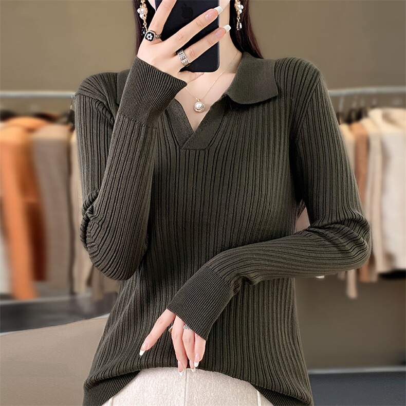 POLO领长袖针织打底衫女修身翻领套头毛衣洋气百搭内搭保暖毛衫女,针织衫/毛衣,佳绒包芯纱店