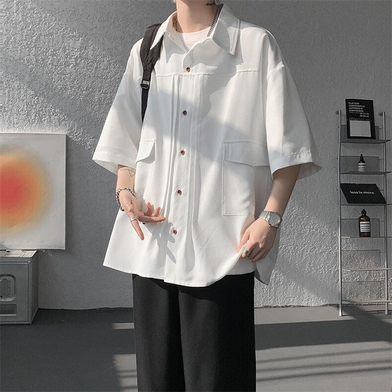 现货CS1125-TP28控58衬衫男褶皱设计夏季新款不规则大码短袖，男装衬衫，电商A059