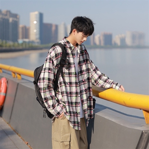 模特-美式涂鸦格子衬衫男外套复古上衣 8053-P48图片