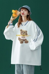 中性 秋季卡通小熊印花宽松拼接抽绳卫衣 B04  P55控78加绒P65图片