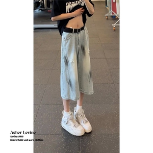 破洞牛仔短裤男美式高街裤子夏季薄款宽松直筒微喇阔腿七分裤马裤图片