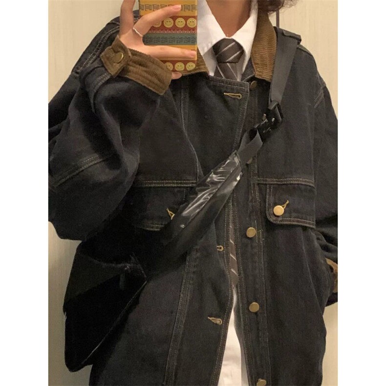 D5102-P65黑色少年感牛仔外套女春秋中性风夹克棒球服潮-网图现货,男装夹克,星座603-2