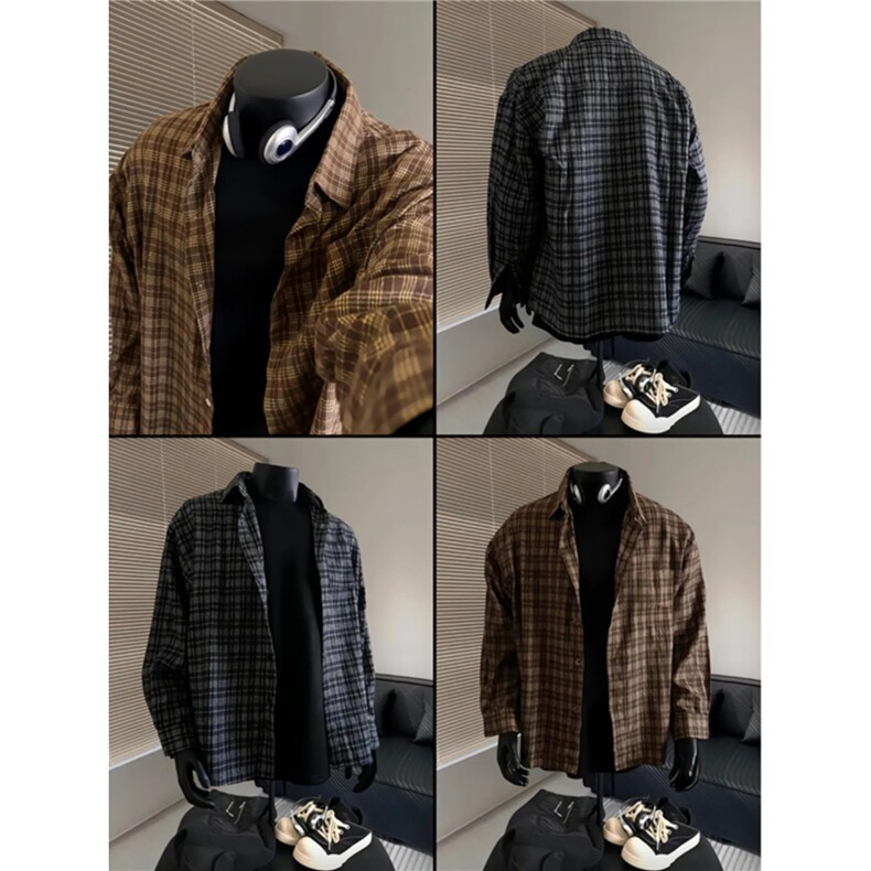 C15-P32美式复古撞色格子衬衫男款长袖上衣秋季格纹打底衬衣,男装T恤,电商B323A
