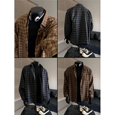 C15-P32美式复古撞色格子衬衫男款长袖上衣秋季格纹打底衬衣，男装T恤，电商B323A
