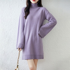 2025百搭时尚简约中长高领喇叭袖羊毛衫连衣裙，女装连衣裙，越洋羊