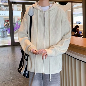 日系简约连帽拉链针织开衫毛衣男春秋新款情侣宽松百搭设计感外套图片